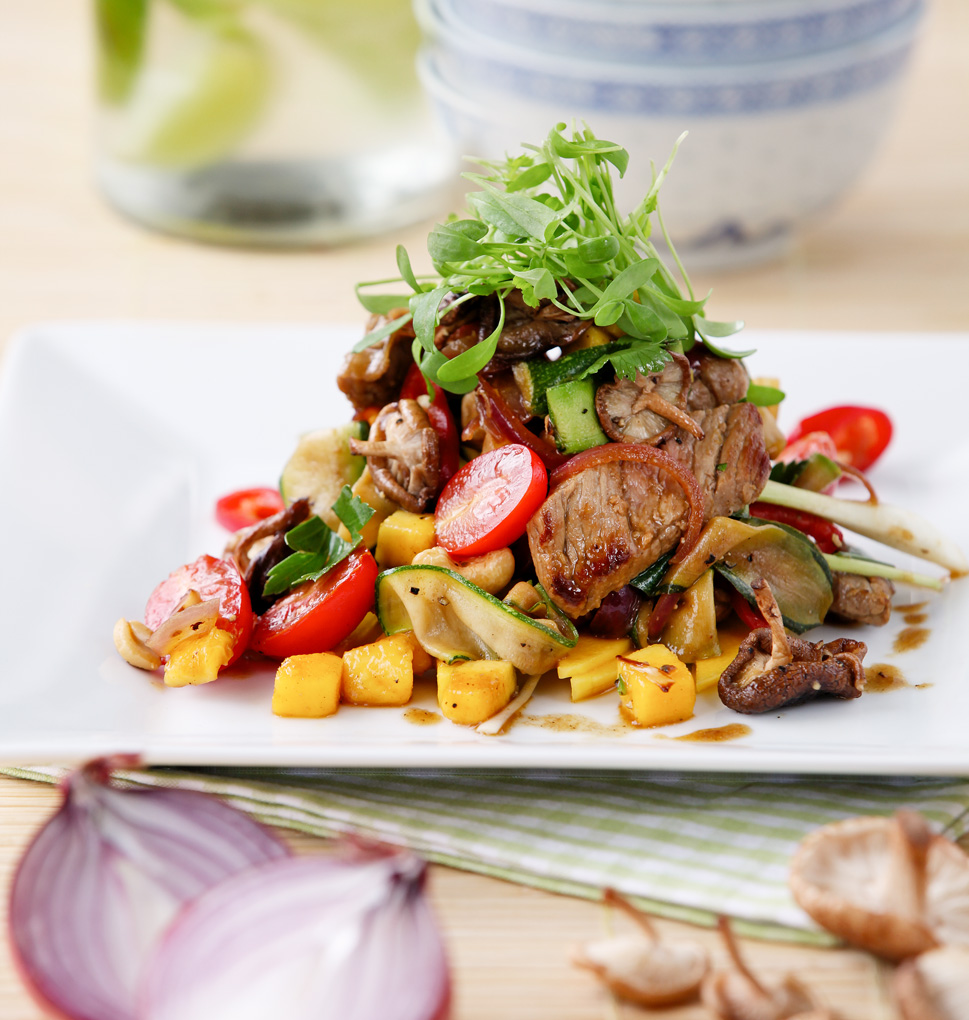 An example of one of Marco's recent recipe selection: Thai Beef Salad with Mango and Roasted Shitake Mushrooms